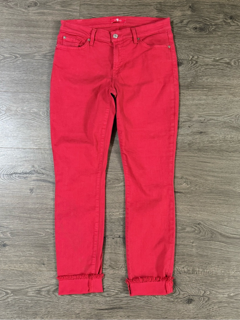 7 For All Mankind Frayed Hem Bright Red Berry Jeans Size 29
